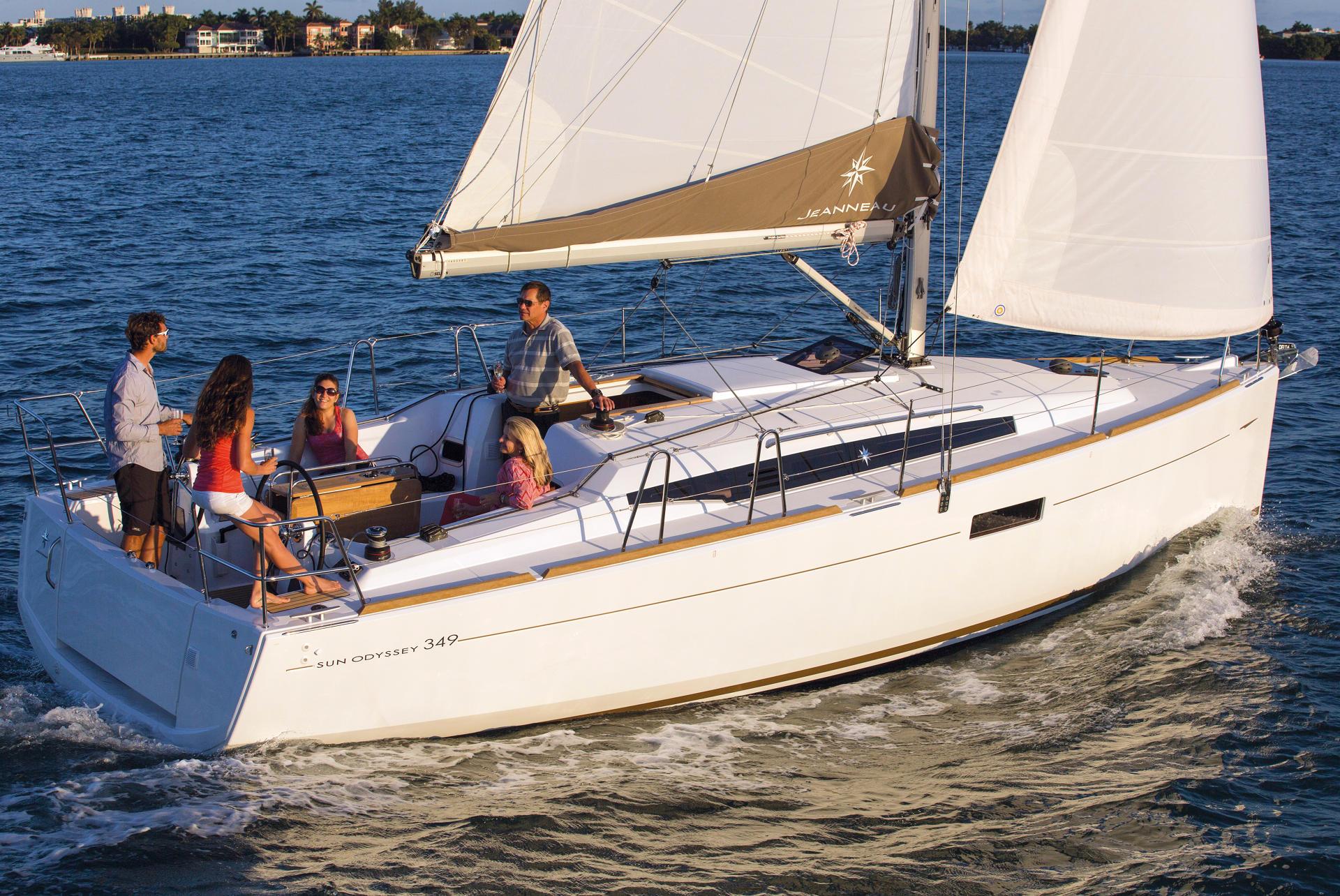 4 people enjoying the sunset aboard a Jeanneau Sun Odyssey 349