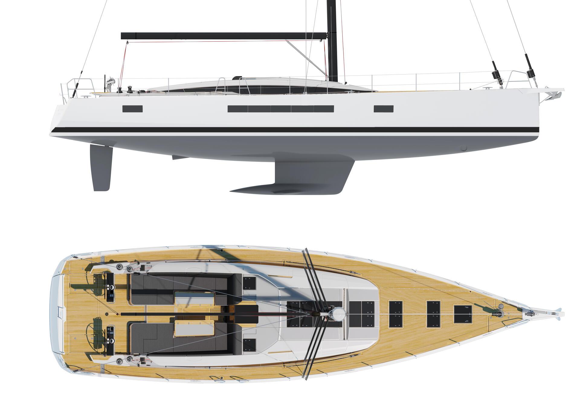 jeanneau 65 specifications showing its side profile and top down view.