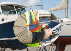 Featured image for boat buyer's guide - A person in a safety vest inspects a boat.
