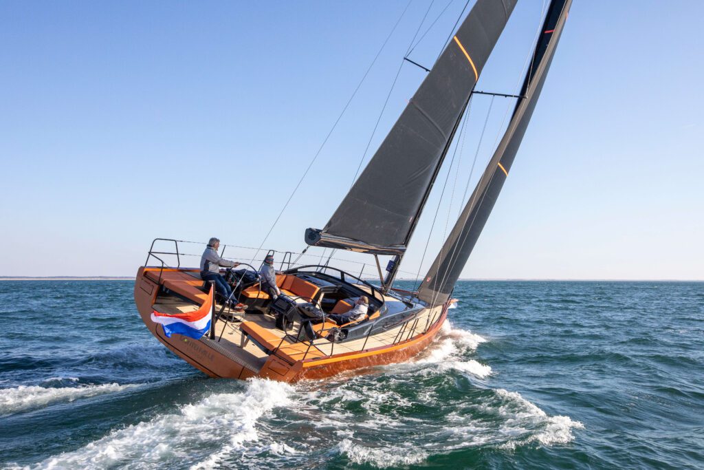 Saffier SL 46 MED with orange hull and gray sails