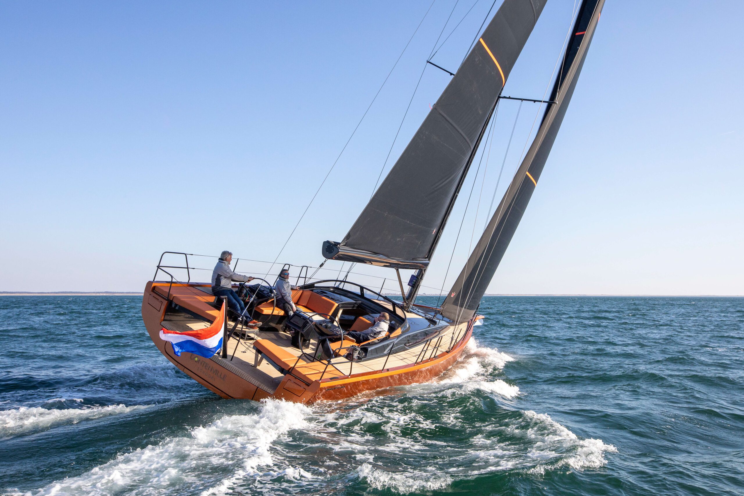 Saffier SL 46 MED with orange hull and gray sails