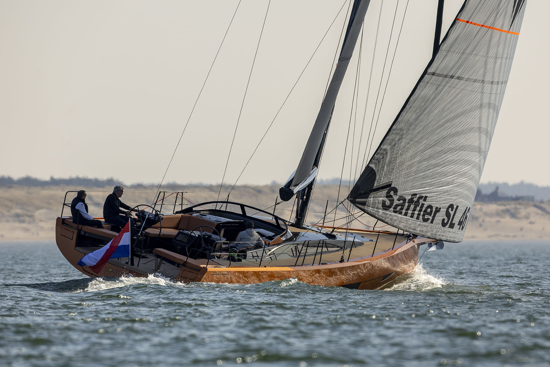 Saffier SL46 MED with orange hull and grey sails. © Sander van der Borch